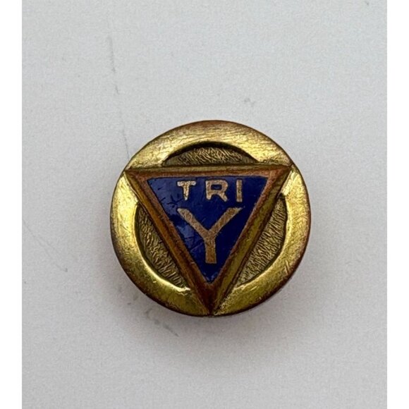 Vintage Tri-Y Tie Tack Lapel Pin YMCA Club Gold & Blue Triangle Enamel 1940s - Picture 7 of 7